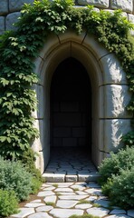 Fototapeta premium A captivating stone archway, lush greenery, enchanting entryway, perfect for cultural themes, invites exploration during National Hispanic Heritage Month, serene atmosphere,