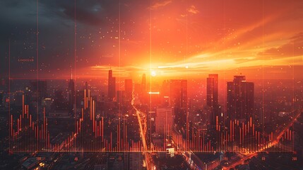 Fototapeta premium Aerial perspective of a climate change graph showing temperature growth from 2060 to 2080, detailed annotations for climate milestones, warm and intense color palette,