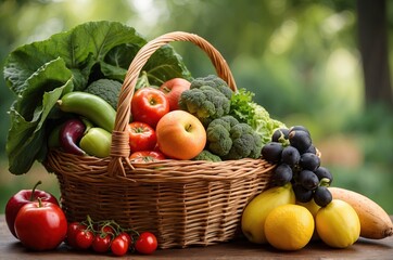 Fresh organic fruits and vegetables in wicker basket. Assorted fresh vegetables.