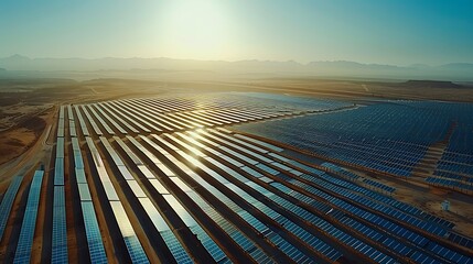 Aerial perspective of a massive solar power plant in the 2040s, vast array of solar panels in the desert, efficient and large-scale energy production, bright and sunny day,