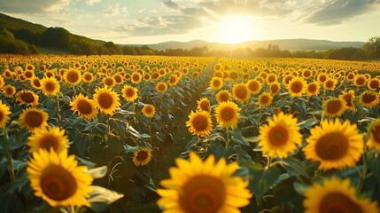 Obraz premium Aerial perspective of a sunflower field in full bloom, hundreds of sunflowers with bright yellow petals, late afternoon light creating long shadows, picturesque rural setting, hd quality,