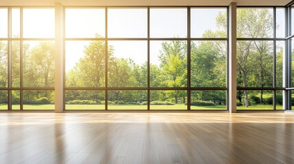 A spacious, empty room with floor-to-ceiling windows, bathed in natural light, offering a serene view of the outdoors.