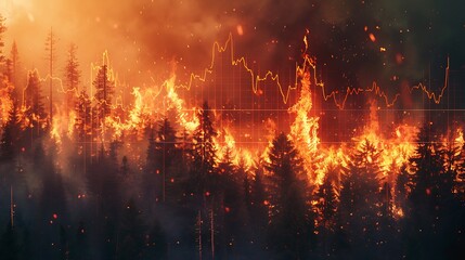 Fototapeta premium Aerial view of a climate change impact chart showing temperature growth from 2000 to 2020, detailed graph with sharp upward trend, vibrant reds and oranges, background of a forest fire,