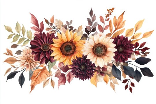 Watercolor illustration of a floral bouquet with sunflowers, dahlias, and greenery. Vibrant orange, deep red, and natural shades ideal for country weddings, invitations, and fall decor