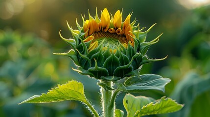 A close-up photograph of a sunflower with a half-opened bloom, bright yellow petals beginning to show, detailed texture of the bud, warm afternoon light, blurred background of a garden, hd quality,