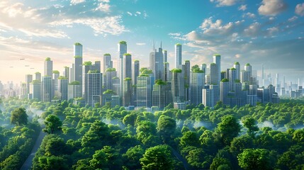 A panoramic photograph of the city skyline in the 2030s, futuristic buildings with innovative designs, integrated green spaces, advanced transportation networks,