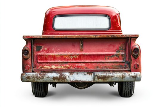 Back Of Old Truck. Vintage Red Pickup Isolated on White Background with Clipping Path