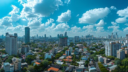 Obraz premium A panoramic view of a city in the 2010s, dense population, modern infrastructure, high-rise residential and commercial buildings, diverse crowd, busy and vibrant environment, clear skies, hd quality,