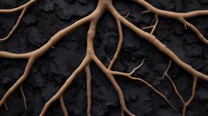 Roots of Resilience: A network of robust roots sprawls across a stark, black volcanic landscape, embodying the tenacity of life in the face of adversity. 