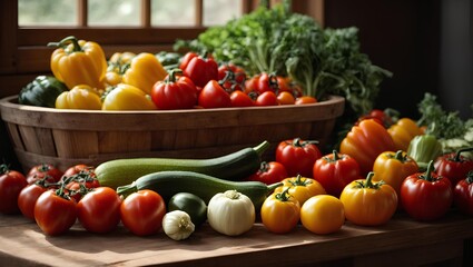 Colorful Fresh Vegetables Bounty in Rustic Wooden Bowl on Sunlit Kitchen Counter