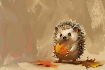 秋の紅葉とハリネズミのイラスト（秋の風景・秋の動物・秋の気配・秋の紅葉）