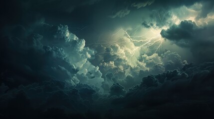 Create a powerful image of dark clouds and a distant lightning strike, highlighting the dramatic interplay of light and shadow in the stormy sky