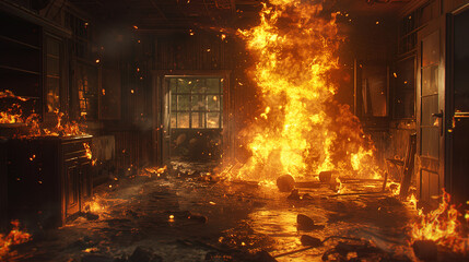 house is on yellow and red fire, the fire tail are tall and huge