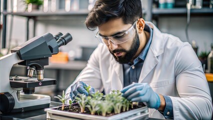 Indian Agricultural Scientist - Close-up of an Indian agricultural scientist in a lab, analyzing crops.
