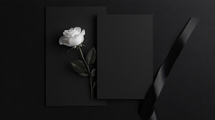 Monochrome wedding invitation mockup on matte black paper, featuring white typography and minimalist design, styled with a single white rose and black ribbon