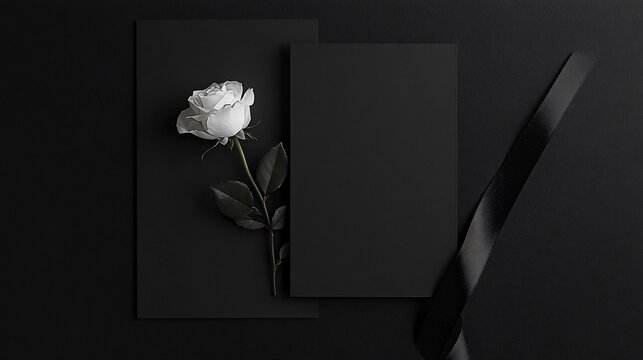 Monochrome wedding invitation mockup on matte black paper, featuring white typography and minimalist design, styled with a single white rose and black ribbon