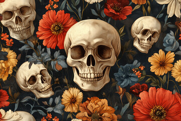 Halloween floral decoupage pattern with skulls