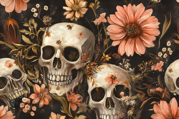 Halloween floral decoupage pattern with skulls