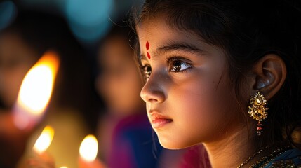 Young Girl Celebrates Diwali with Candles and Traditional Attire