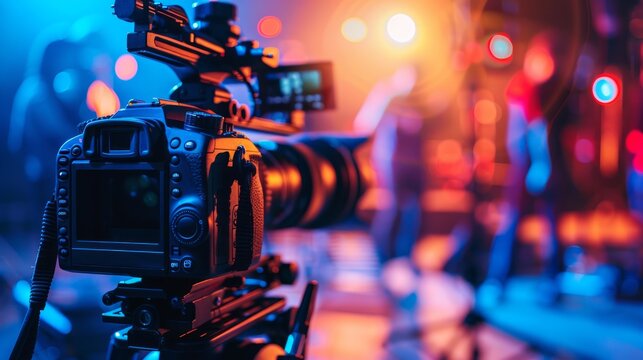 Profesional video studio.Behind-the-scenes of a video shooting.Behind the shooting production silhouette of camera and equipment in studio.Selective focus