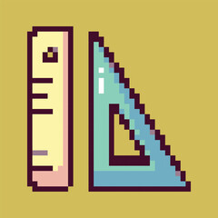 Pixel art illustration showcasing a vibrant and detailed office and school supplies scene. This digital artwork features a variety of pixelated items such as notebooks, pencils, erasers, rulers