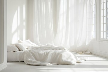 Luxury Bedroom Side Wall. Scandinavian Style White Bedchamber in Bright Contemporary Apartment