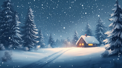 A peaceful snow-covered landscape with pine trees, a cozy cabin in the distance, and soft snowflakes falling from the sky.