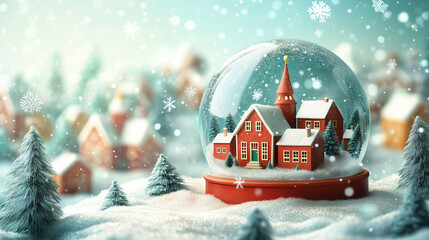 Naklejka premium Snow globe featuring a tiny Christmas village, with swirling snowflakes inside.