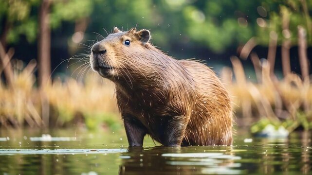 Kapybara is standing in the river