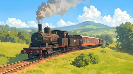 Naklejka premium train and village landscape anime style