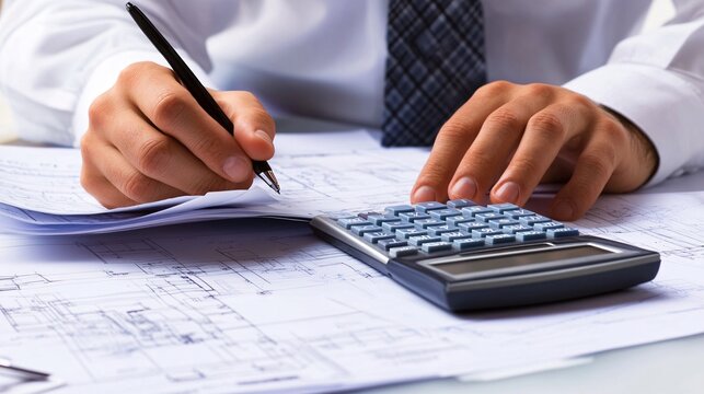 A professional cost estimator analyzing construction project blueprints with a calculator and laptop on a desk