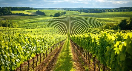 Fototapeta premium Cognac Vineyard in France. Rural Landscape with Vines, Leaves and Cep in Summer
