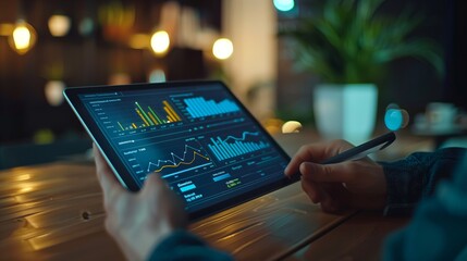 A tablet displaying financial charts and graphs, with business people gathered around it discussing market trends during an online meeting