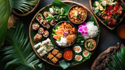 Fototapeta premium A traditional Thai platter with a variety of dishes, accented by tropical flowers, no people.