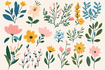 Collection of colorful spring floral images. Selection of wild blooms, greenery, and leaves on a soft backdrop. Hand-drawn flowers for decor, easter, stickers, and printing