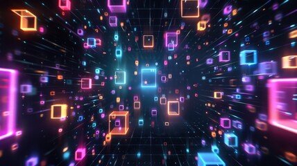 Abstract seamless and energetic of mixed digital style cube object shining colorful neon light in black room. Mysterious patterns of vivid blocks glow convey sense of technology and creativity. AIG53.