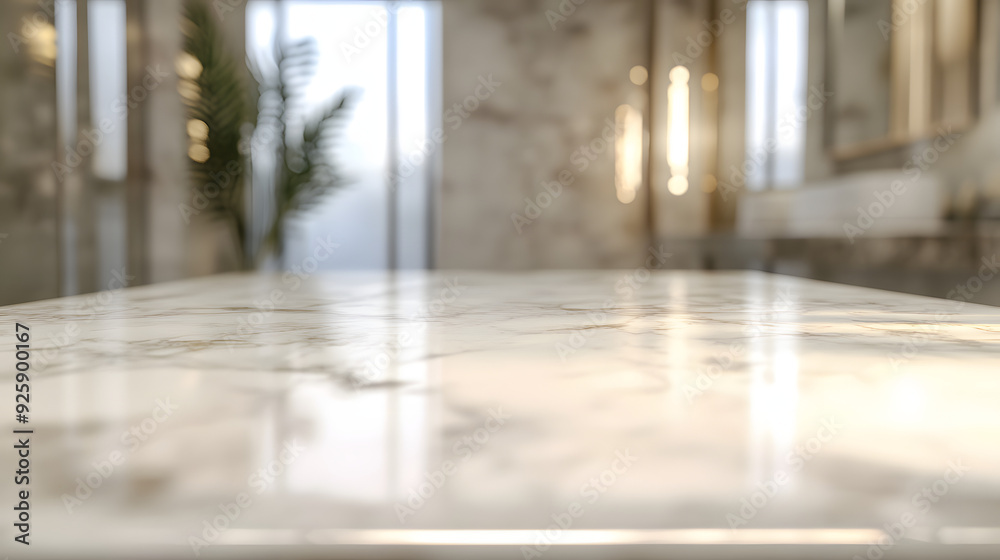 Wall mural empty marble table top with blurred bathroom interior background