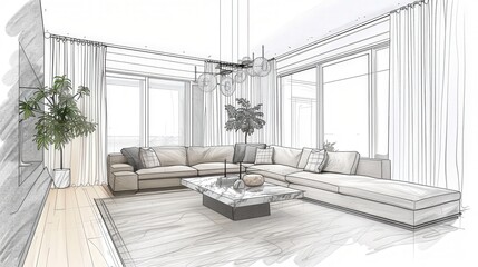 Create a sketch of a living room featuring a large sectional sofa, a marble coffee table, and a plush rug.