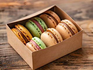 Colorful macaron cookies in a cardboard box. French macaron. vibrant and colorful macarons  french dessert. A box of colorful pastries.. Colorful macaroons in box. Vibrant Macaron Assortment in a box 
