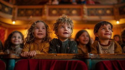 A group of children watching a puppet show in a theater,