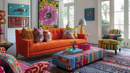 Create a sketch of a vibrant living room with a colorful sofa, a bold coffee table, and a patterned rug