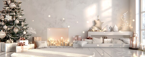 A 3D Christmas background showcasing a cozy living room with a decorated tree, fireplace, and stockings, offering a large area of copy space.
