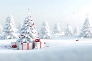 Obraz premium A peaceful 3D Christmas landscape with a decorated tree, presents, and falling snowflakes, providing ample copy space for holiday greetings.