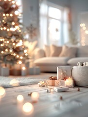 A 3D-rendered Christmas scene with a warmly lit living room, decorated tree, and gifts, offering generous copy space.