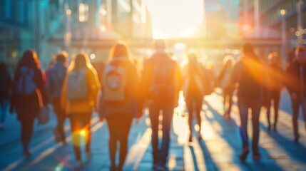 A blurred background of an open office space with business people walking around