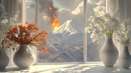 A 3D-rendered close-up of Mt. Fuji ablaze, with large windows and white vases of flowers in the foreground.