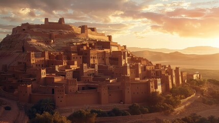 Create a stunning scene of a historic with earthen buildings set against a dramatic desert backdrop.