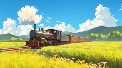 Obraz premium train and village landscape anime style