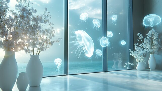 Fototapeta A bioluminescent jellyfish in the ocean in 3D, seen through large windows with white vases of flowers nearby.