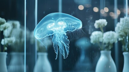 Obraz premium A glowing jellyfish in the ocean, seen in 3D close-up through large windows with white vases of flowers.